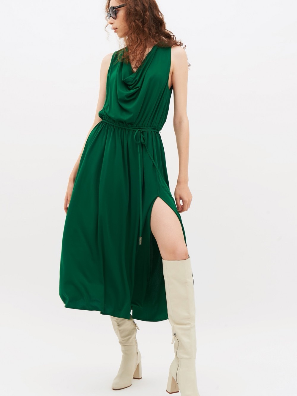 Halston Emerald Green Sleeveless Cowl Midi Dress with Side Slit